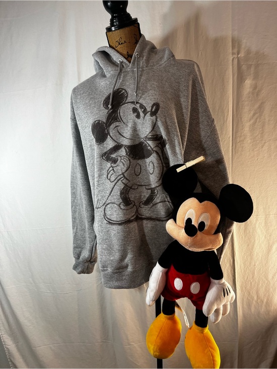 Disney Tops - Gray Mickey Mouse Graphic Hoodie Sweatshirt women’s size L + Mickey Mouse plushy
